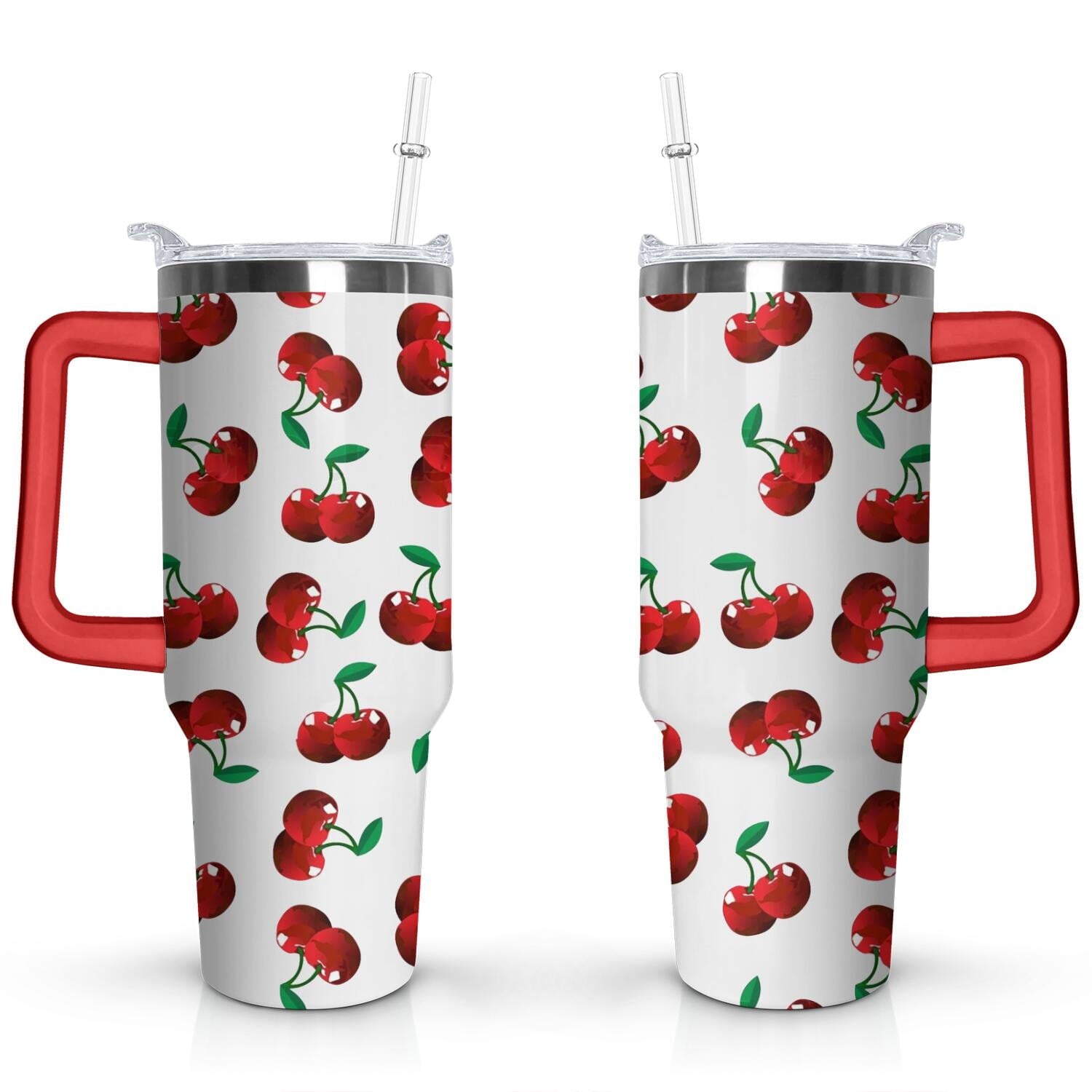 40oz Red Cherry Fruit Pattern Stainless Steel Flip Straw Tumbler Spill Proof Travel Cup Double Wall Vacuum Insulated Coffee Mug with Top Handle - Insulated Tumbler