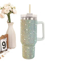 40oz Studded Bling Tumbler with Handle and Straw, Insulated Stainless Steel Double Wall Travel Mug, Rhinestone Diamond Water Cup, Car Cup Holder Friendly, Gifts for Women
