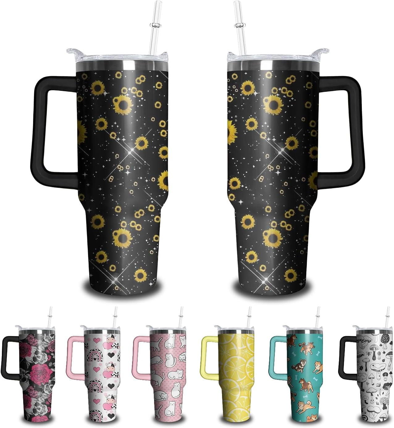 40oz Sunflower Tumbler with Handle and Straw, Shiny Stainless Steel Insulated Cup with Lid and Straw, Travel Coffee Mug Water Bottle, Birthday Mothers Day Gifts for Women Men Flowers Lovers