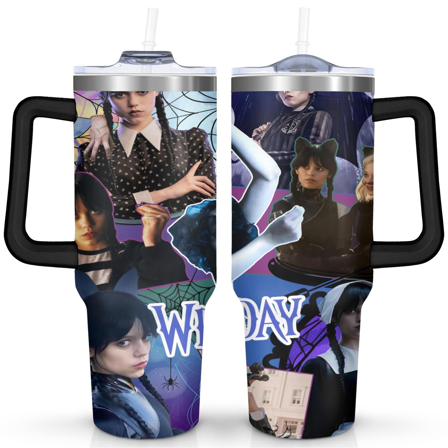 40oz Wednesday Girl Stainless Steel Tumbler with Lid and Straw,Wednesday Stuff Merchandise Spill Proof Travel Cup Double Wall Vacuum Insulated Coffee Mug with Handle Black - Tumbler