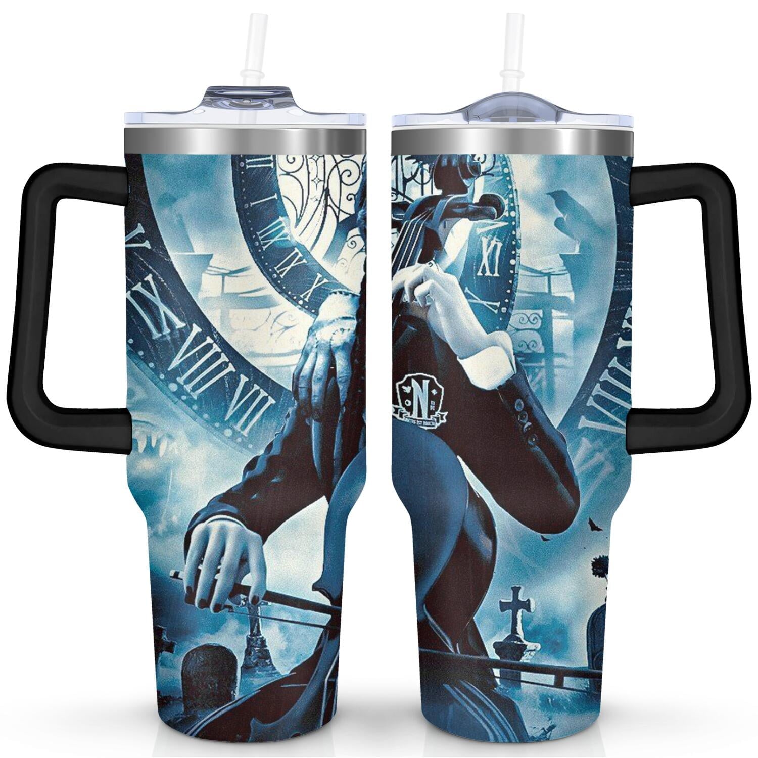40oz Wednesday Girl Stainless Steel Tumbler with Lid and Straw,Wednesday Stuff Merchandise Spill Proof Travel Cup Double Wall Vacuum Insulated Coffee Mug with Handle Black - Tumbler