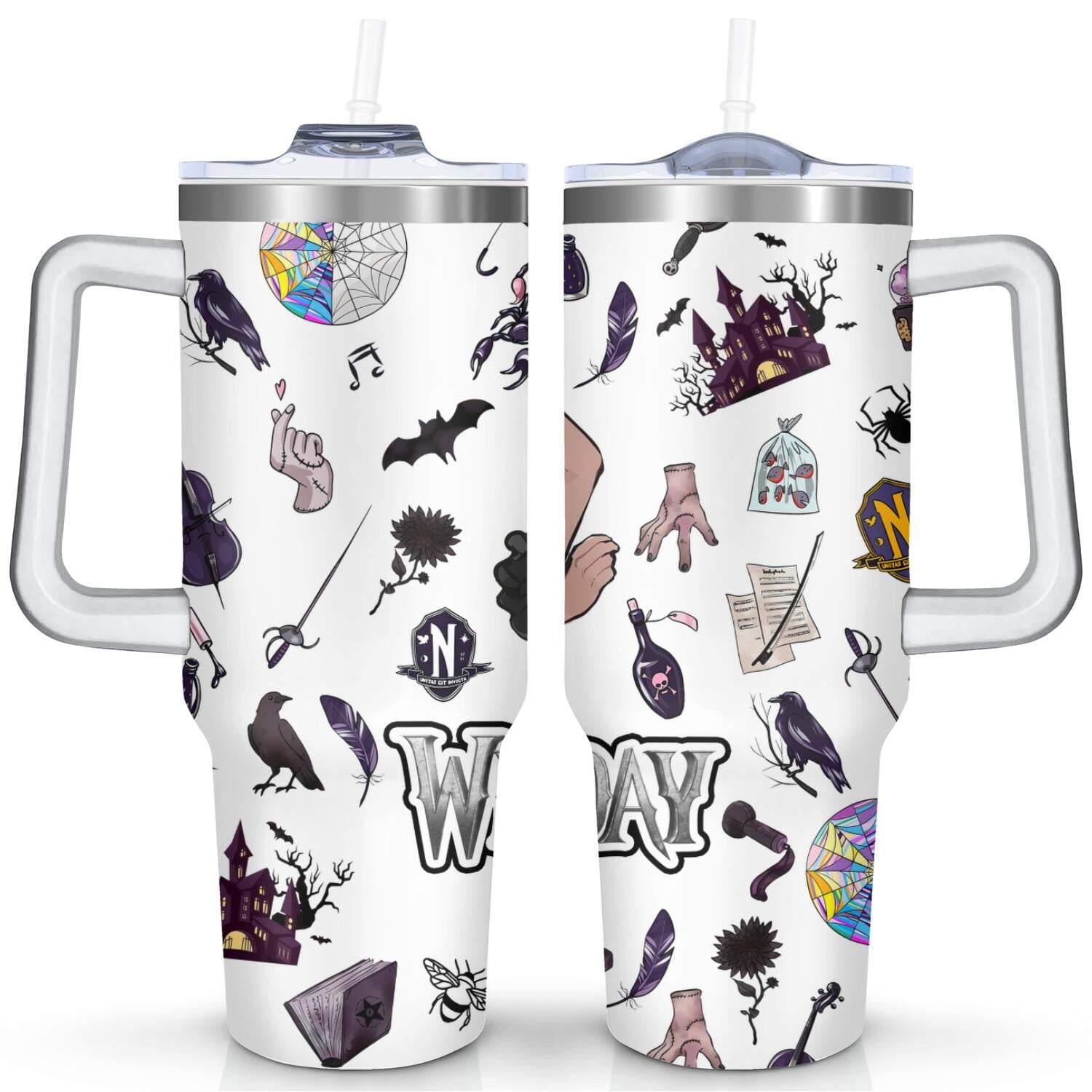 40oz Wednesday Girl Stainless Steel Tumbler with Lid and Straw,Wednesday Stuff Merchandise Spill Proof Travel Cup Double Wall Vacuum Insulated Coffee Mug with Handle Black - Tumbler