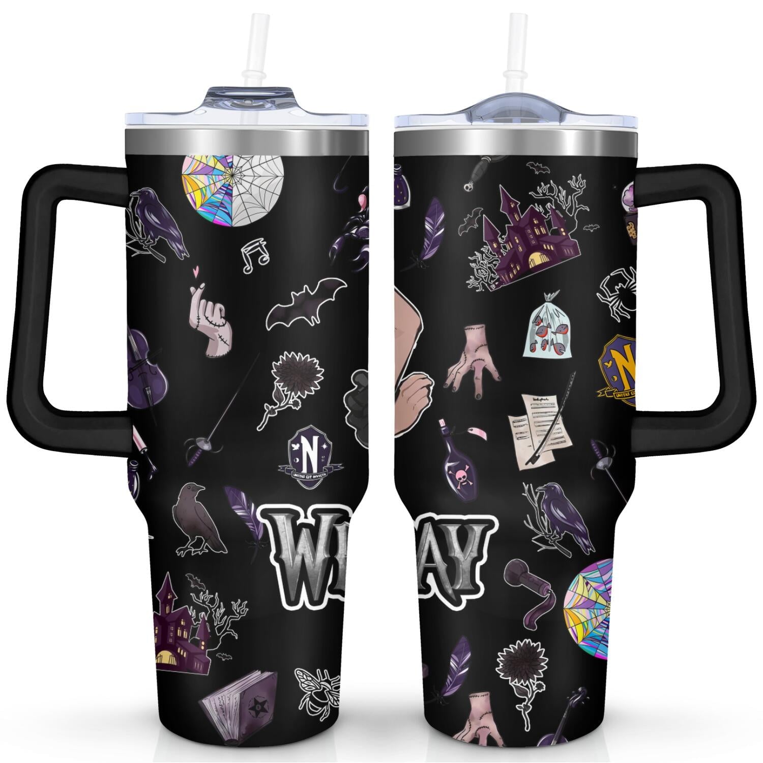 40oz Wednesday Girl Stainless Steel Tumbler with Lid and Straw,Wednesday Stuff Merchandise Spill Proof Travel Cup Double Wall Vacuum Insulated Coffee Mug with Handle Black - Insulated Tumbler