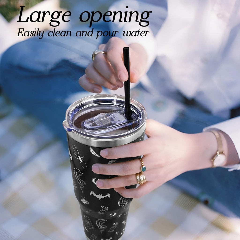 Gothic 40 Oz Tumbler with Handle and Straw,Halloween Gifts,Goth Black Large Stainless Steel Vacuum Insulated Tumbler Travel Iced Coffee Mug Cup Water Bottle, Witchy Goth Gifts Decor Accessories Stuff