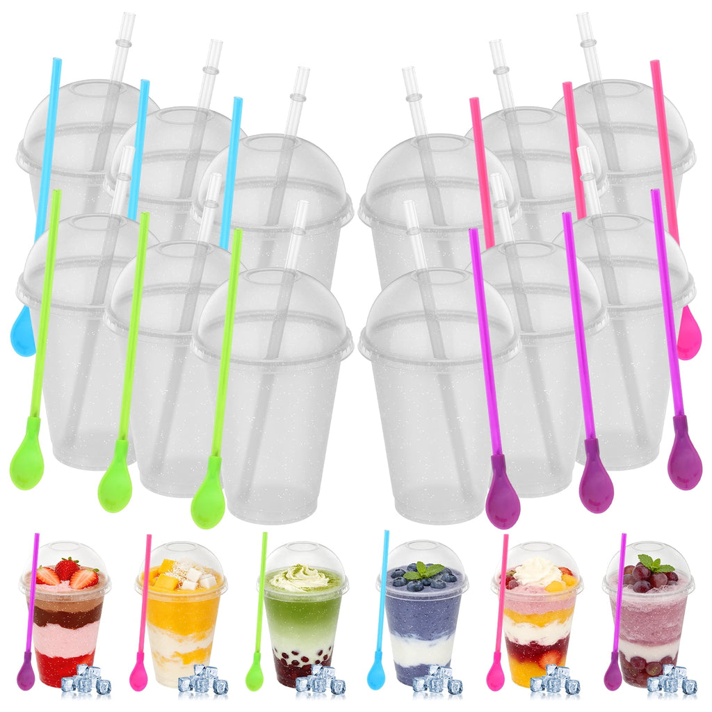 12 Sets Slushy Maker Cup Plastic Cup Slushie Cups with Dome Lids and Straws Reusable 16 oz Plastic Iced Coffee Cups Smoothie Tumbler for Birthdays Summer Party Supplies