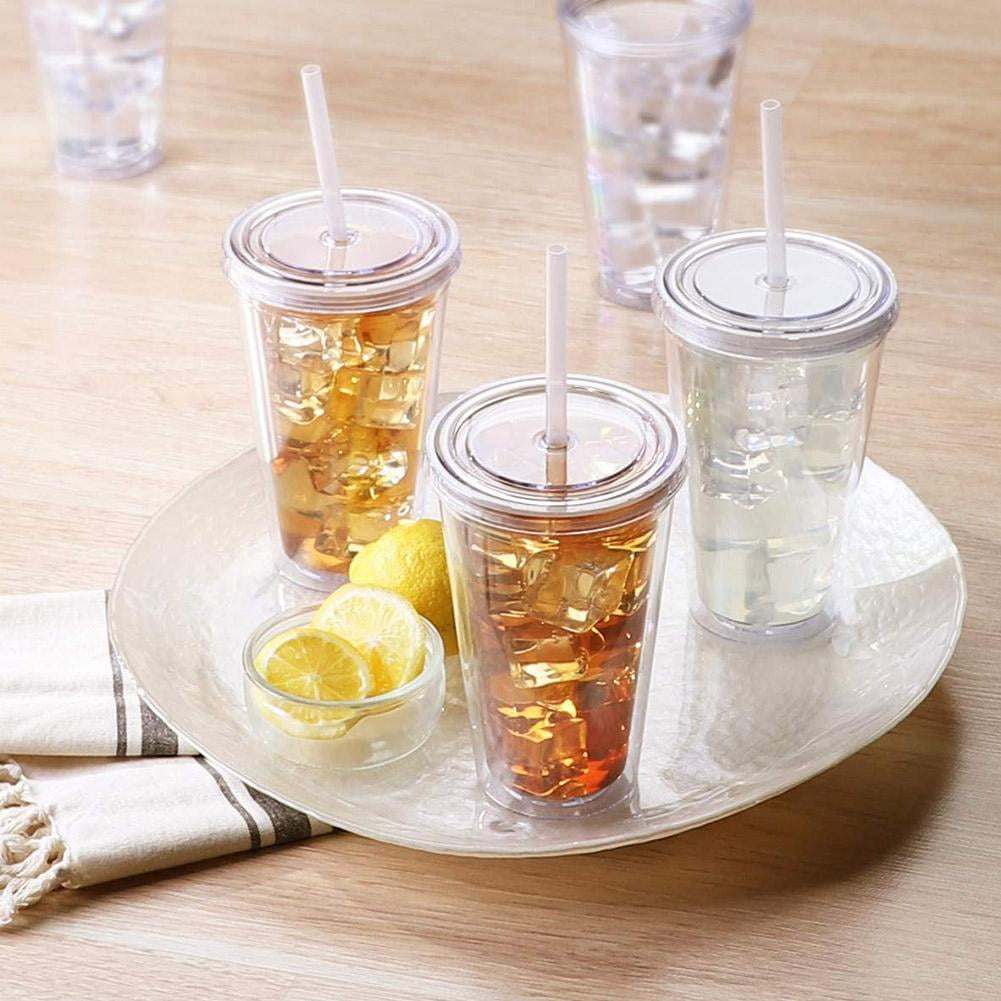 5PCS Double Wall Clear Plastic Tumbler with Lid and Straw, 17oz Reusable Cup for Adults, BPA-Free Cold Drink Glass for Smoothies Iced Coffee, Travel Cup