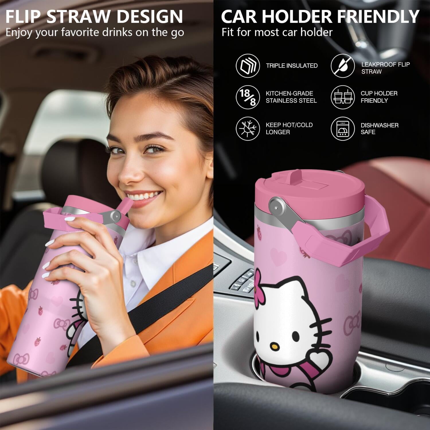 30oz Hello Kawaii Cat Cute Stainless Steel Tumbler with Lid and Straw,Spill Proof Travel Cup Double Wall Vacuum Insulated Coffee Mug with Top Handle Pink