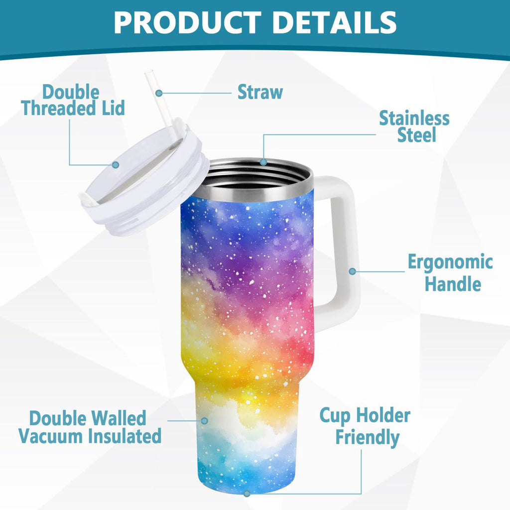 Ryvnso 40 oz Tumbler with Handle and Straw Rainbow Tie-dye Insulated Stainless Steel Travel Mug with Lid