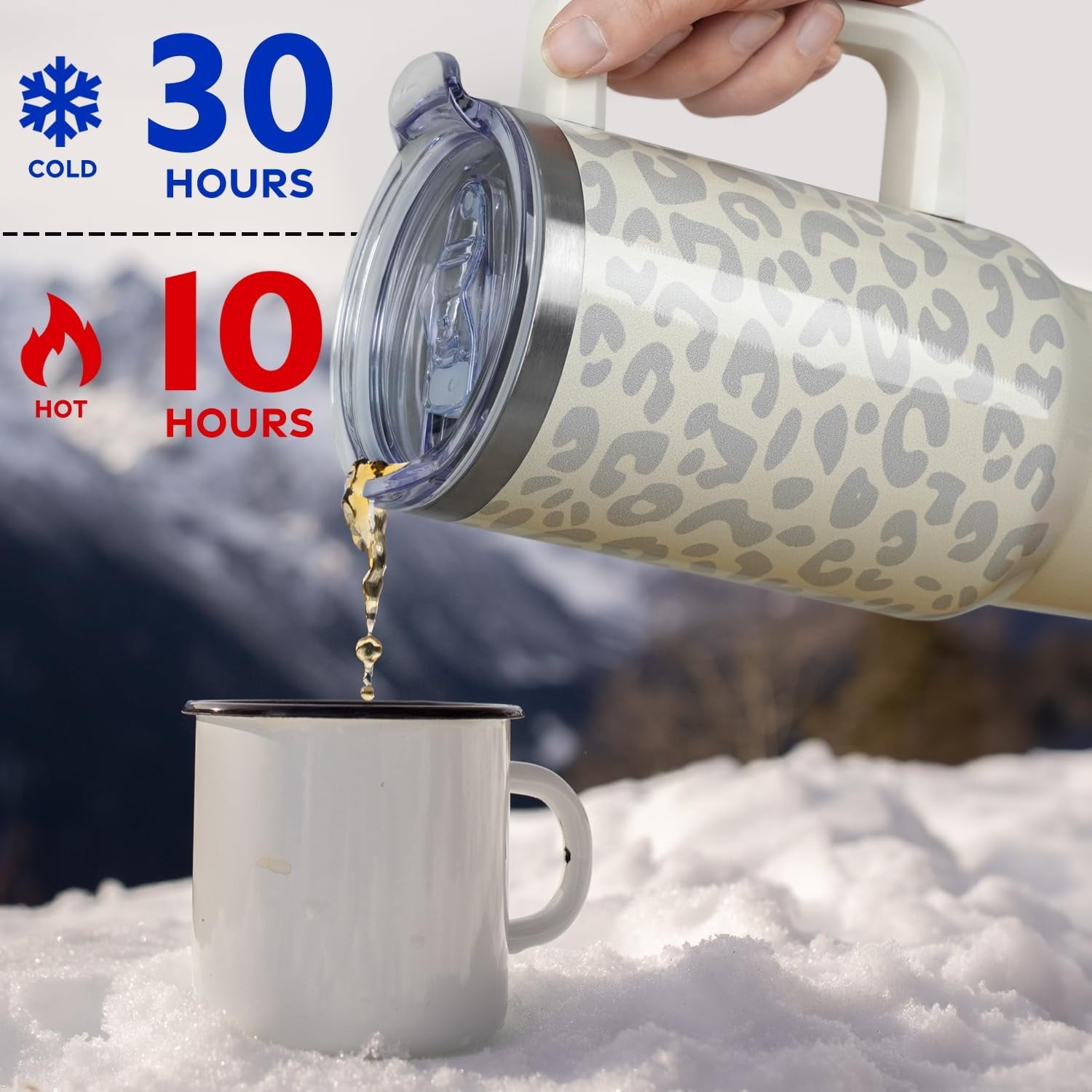 40oz Tumbler with Handle and Straw Lid | Vacuum Insulated Leak Proof Tumbler | Stainless Steel Travel Mug Water Bottle Cup Keeps Cold & Hot | Cream Leopard