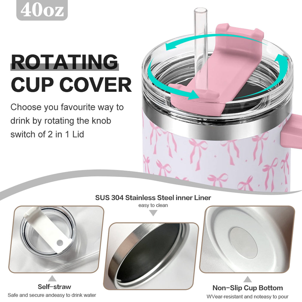 40oz Elegant Pink Bow Tumbler - Insulated Travel Mug with Handle, Reusable Straw & Leak-Proof Lid|Women's Gift for Birthday, Mother's Day, Valentine's & Holidays
