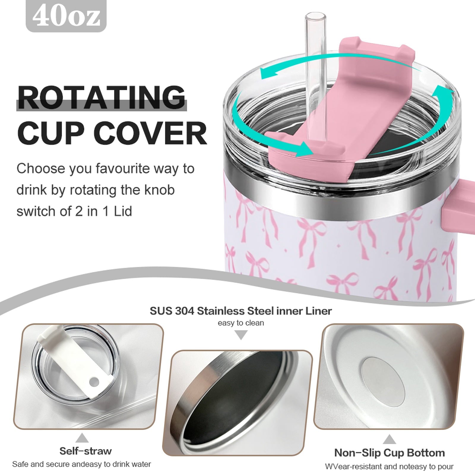 40oz Elegant Pink Bow Tumbler - Insulated Travel Mug with Handle, Reusable Straw & Leak-Proof Lid|Women's Gift for Birthday, Mother's Day, Valentine's & Holidays