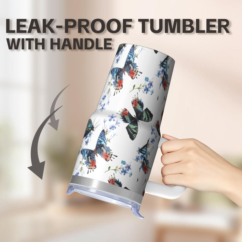 20OZ Travel Tumbler with Handle Straw Leak Proof Lid Insulated Stainless Steel Mug Double Wall Vacuum Design Keeps Cold for 34 Hours Portable Cup Holder Fit Reusable Drinkware Butterfly Pattern