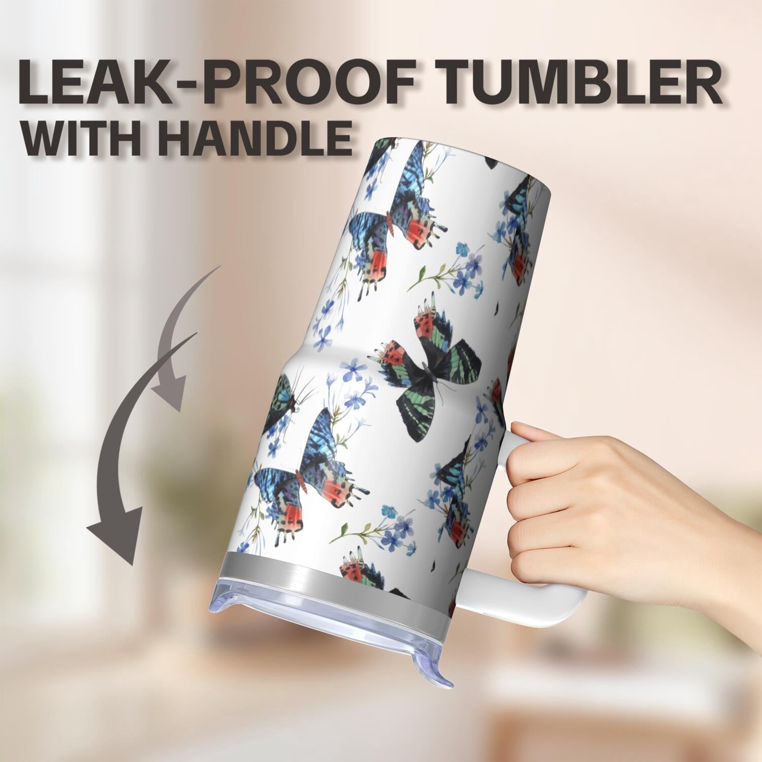 20OZ Travel Tumbler with Handle Straw Leak Proof Lid Insulated Stainless Steel Mug Double Wall Vacuum Design Keeps Cold for 34 Hours Portable Cup Holder Fit Reusable Drinkware Butterfly Pattern