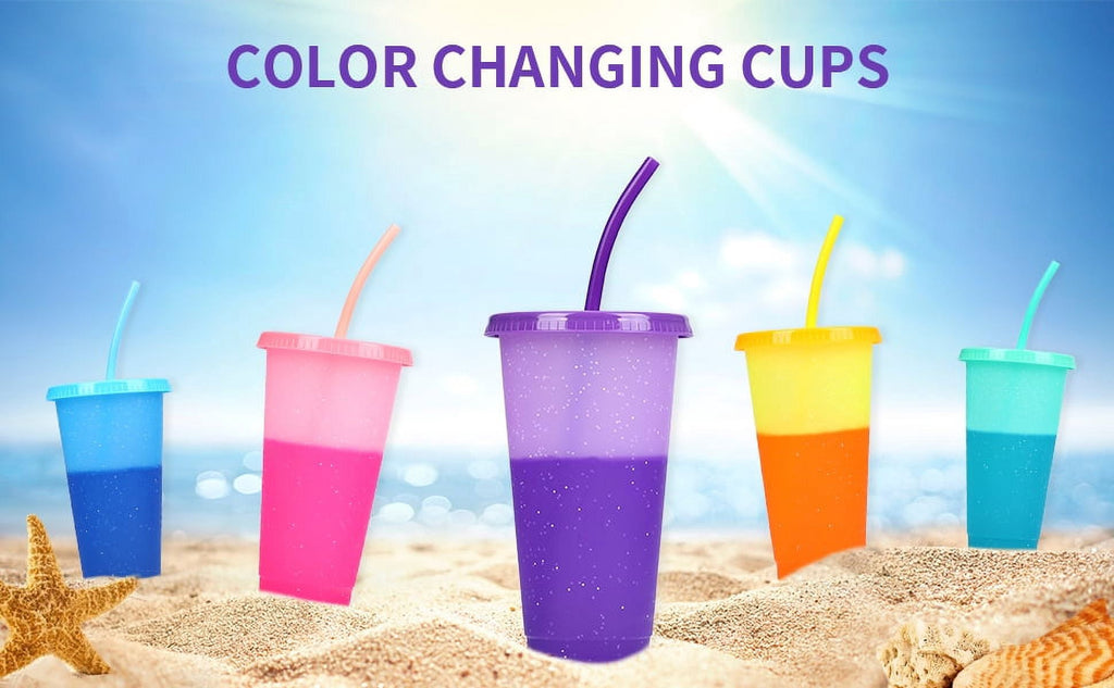 Color Changing Cups with Lid & Straw - 5 Pack Confetti Reusable Plastic Tumblers / 24oz Party Ice Cold Drinking Straw Cup for Kids Adults
