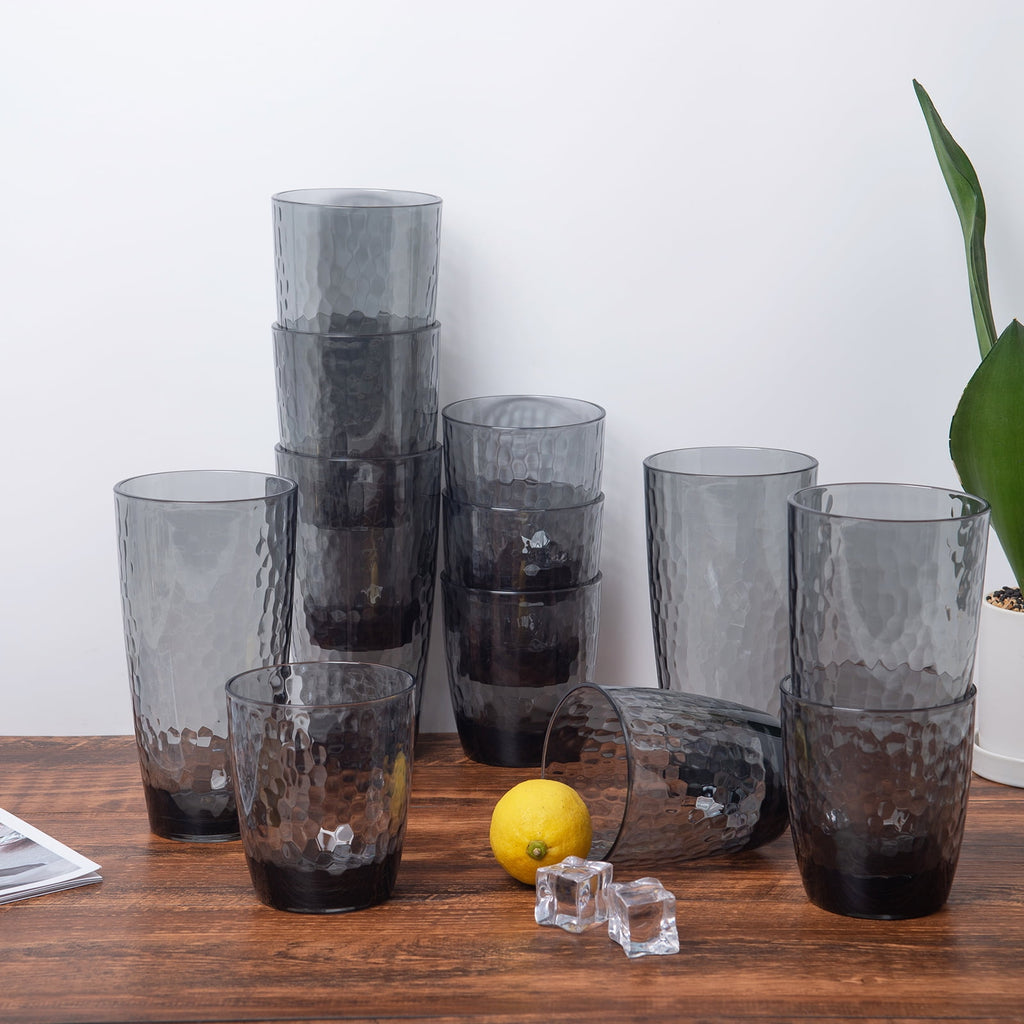 KX-Ware Hammered 26 Ounce Plastic Tumbler Acrylic Drinking Glasses, Set of 6 Grey Color