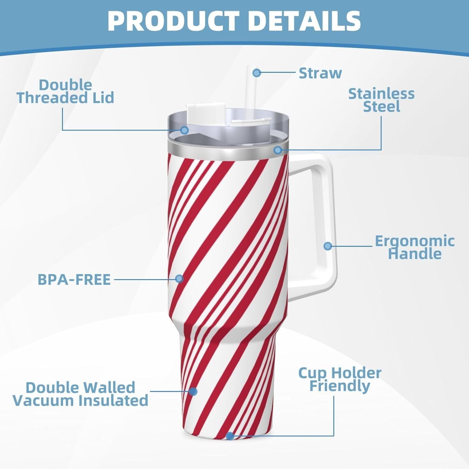 Christmas Candy Cane Stripe 40oz Tumbler With Handle And Straw, Insulated Cup Reusable Stainless Steel Water Bottle Travel Mug