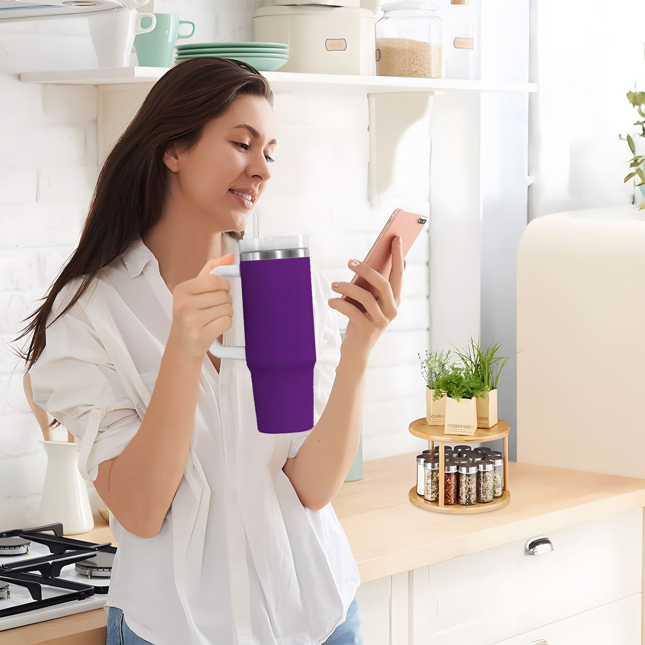 Ryvnso 40 oz Tumbler with Handle and Straw Insulated Stainless Steel Travel Mug with Lid Purple Solid Color