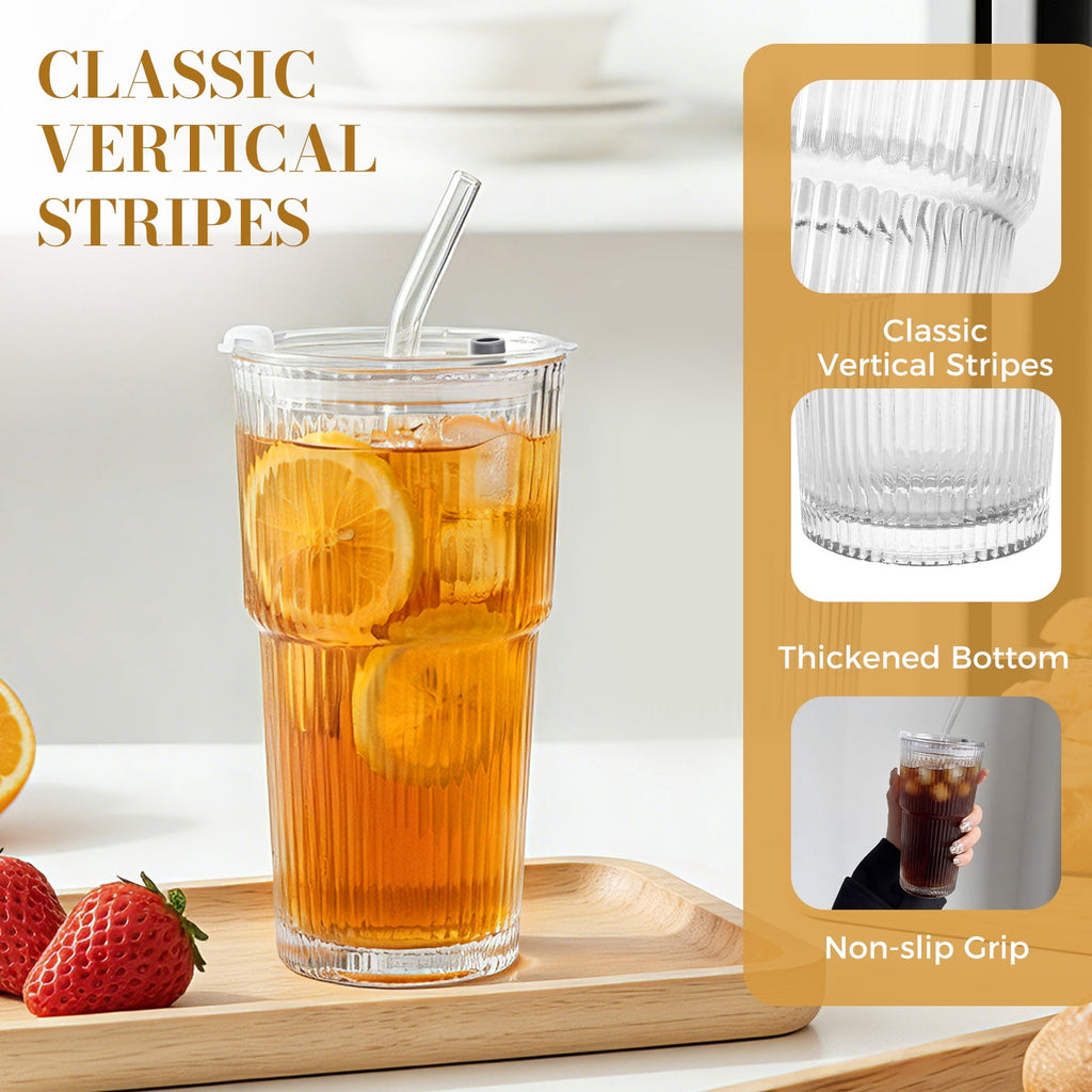 2 Pack Ribbed Glass Tumblers with Lids and Straws, 20oz Vintage Iced Coffee Cups, Clear Drinking Glasses
