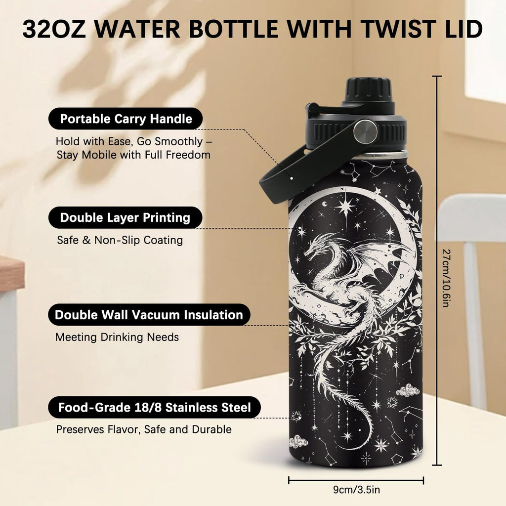 Dragon Gift for Man, Dragon Themed Stainless Steel Insulated Tumbler with Lid and Handle, Leakproof, BPA-Free, 32oz Water Bottle for Travel, Sport, Birthday