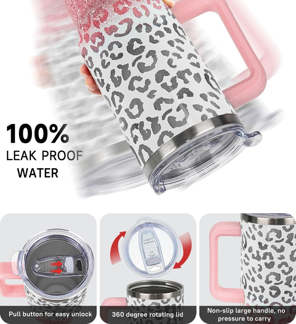 40oz Leopard Print Insulated Travel Mug - Leak Proof Coffee Tumbler with Handle for Women, Cute Cheetah Lover Gift Idea