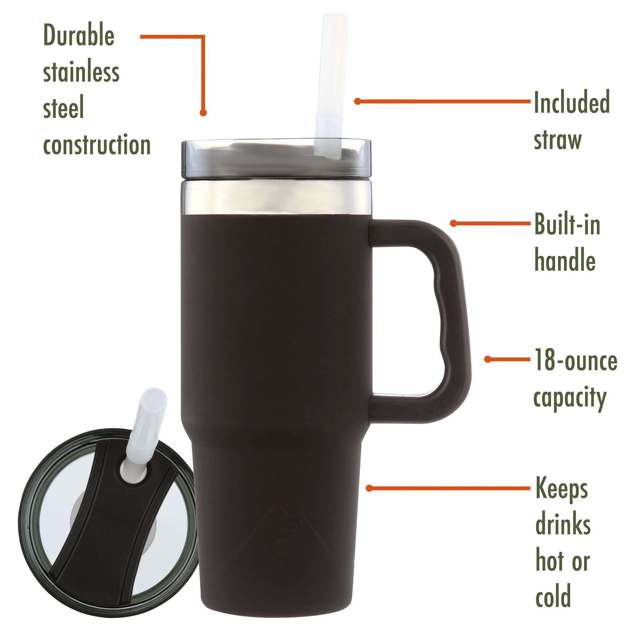 (6 pack) Ozark Trail 18 oz Stainless Steel Insulated Tumbler with Handle, Black