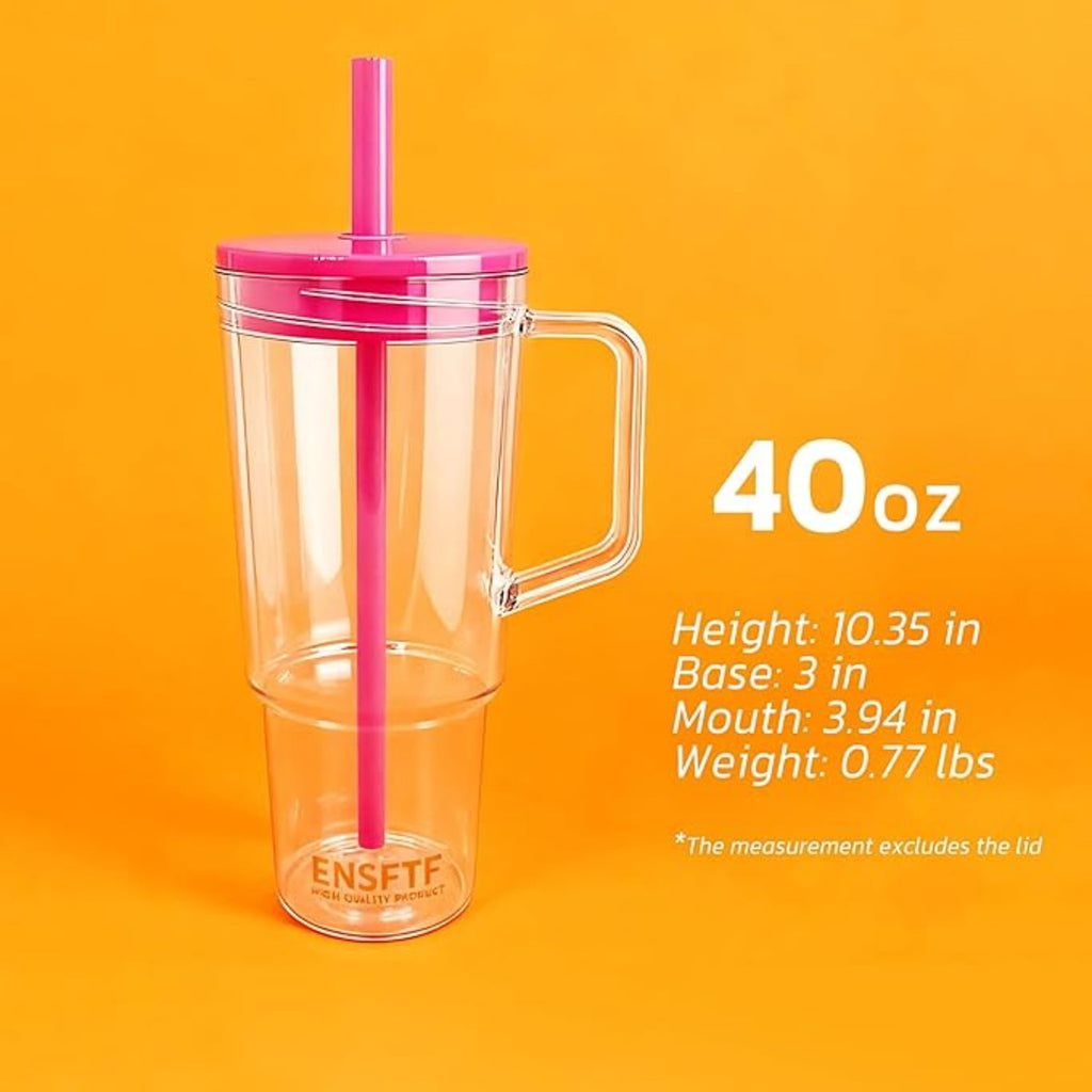 40oz Insulated Clear Tumbler with Handle and Lid & Straw, Reusable Travel Mug for Cold and Hot Drinks, Double-Wall Plastic Water Bottle | Crystal-Clear | Car Cup Holder Fit | Leakproof | BPA-Free