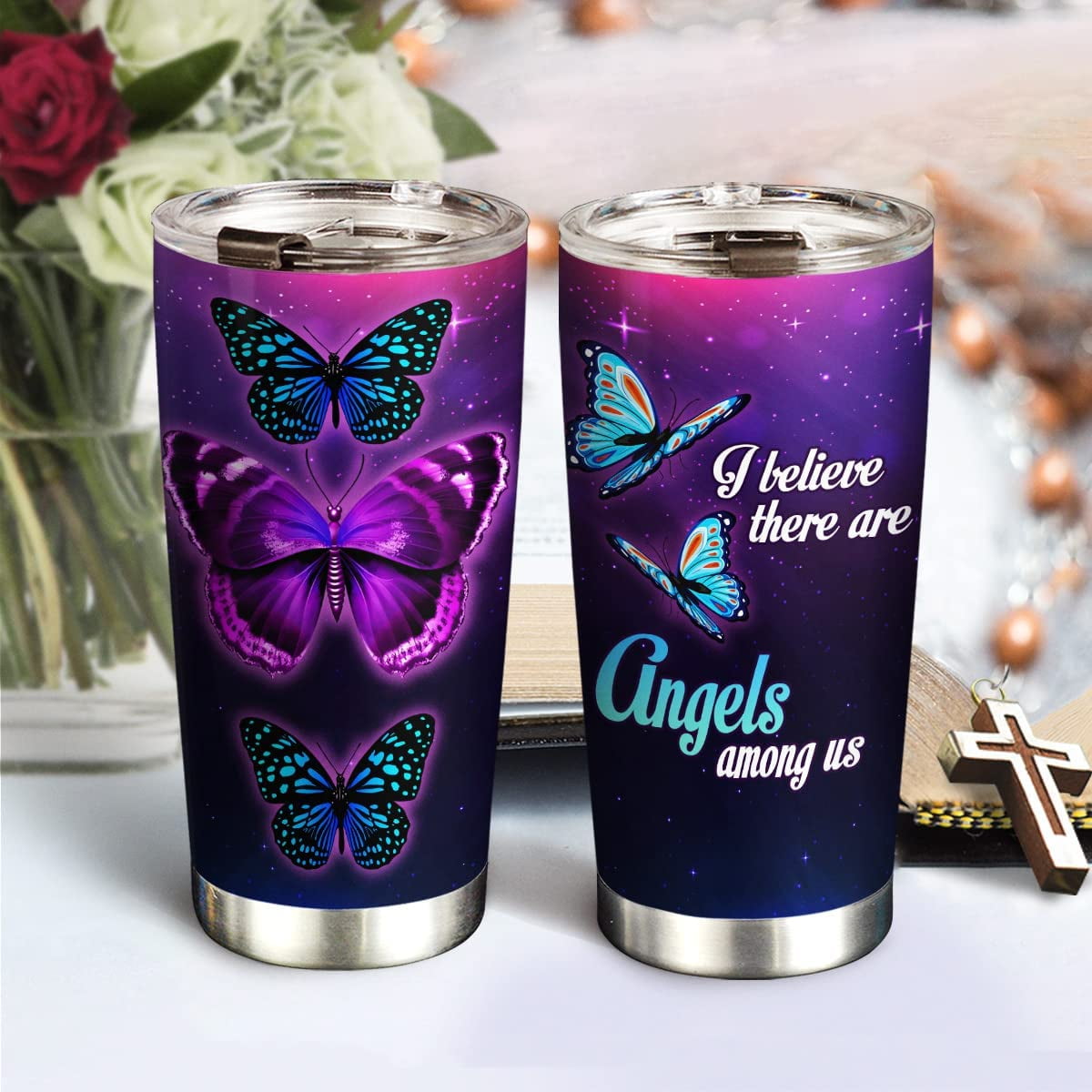 20oz Butterfly Gifts for Women, Memorial Gifts for Women, Coffee Thermos, Coffee Gifts For Women, Inspirational Faith Purple Butterfly Tumbler Cup, Insulated Travel Coffee Mug with Lid