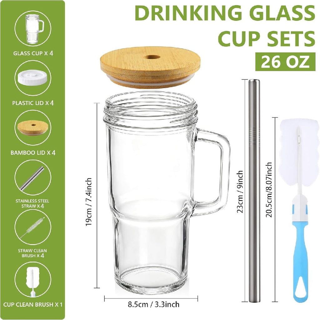 4 Pack 24oz Glass Cups with Lids and Straws, Glass Tumbler With Handle, Reusable Iced Coffee Cup with Lids-Mason Jar with Lid and Straw,Boba Cup for Cold & Hot Drinks,Smoothies Cup,Travel Mug