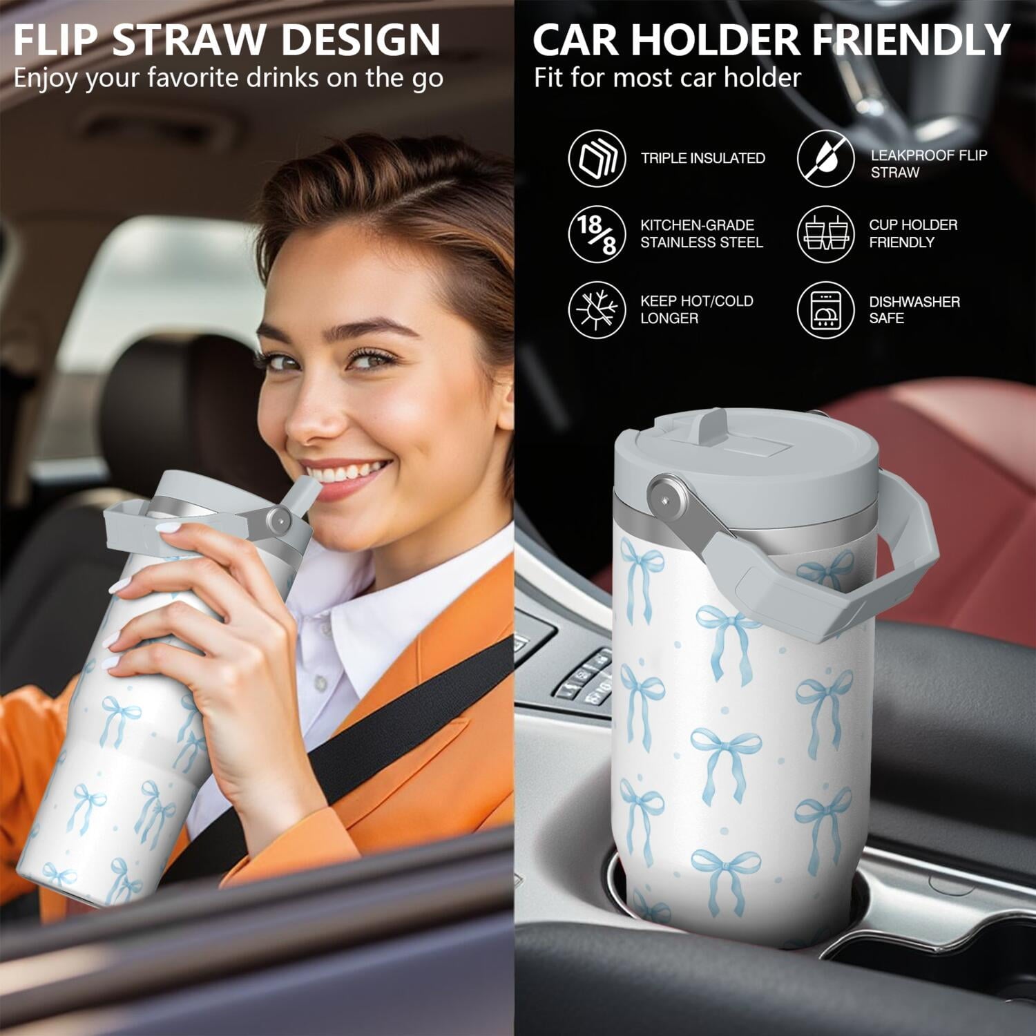 1pc Blue bow 30oz Tumbler with Straw & Handle - Insulated Stainless Steel Cup | Holiday Gift for Man Women (Christmas, Valentine's, Birthday)