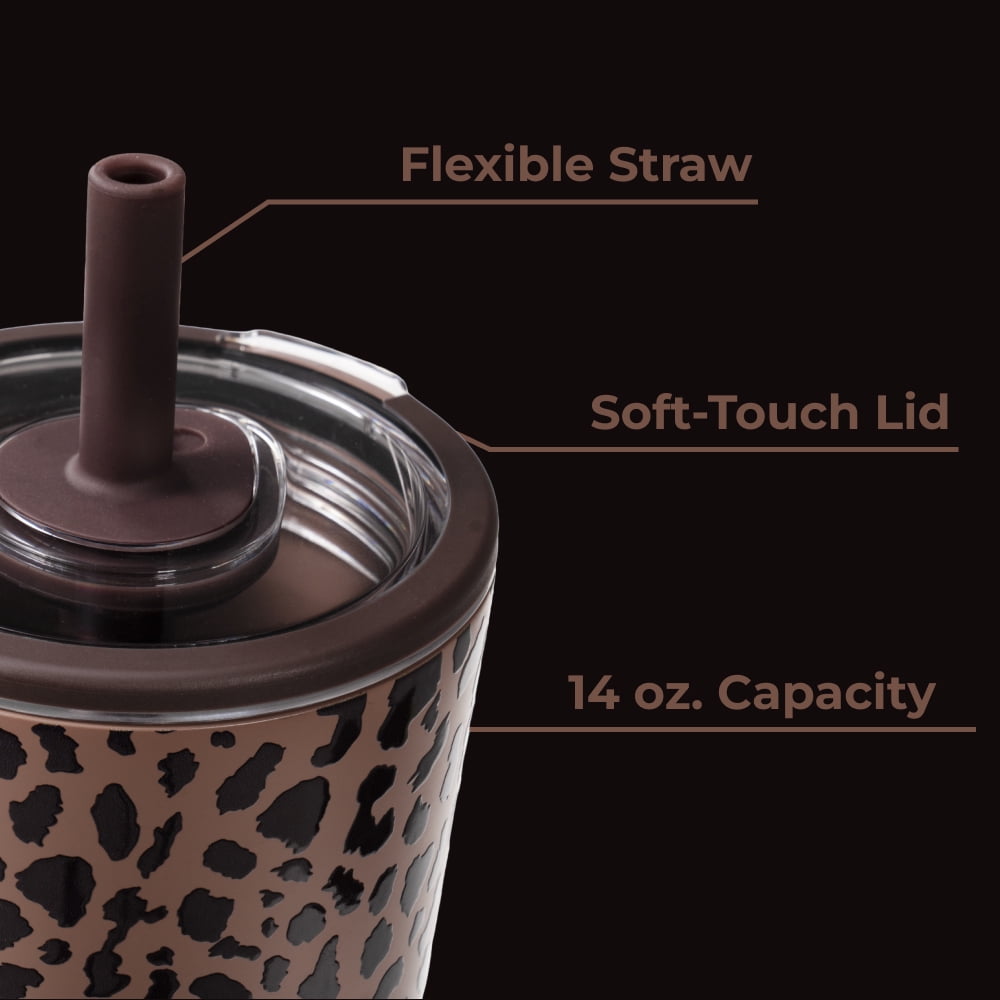 HydroJug Everyday Tumbler – Ceramic-Lined Insulated Tumbler with Straw and Soft-Touch Lid, Cup Holder Friendly – 14 oz, Brown Leopard