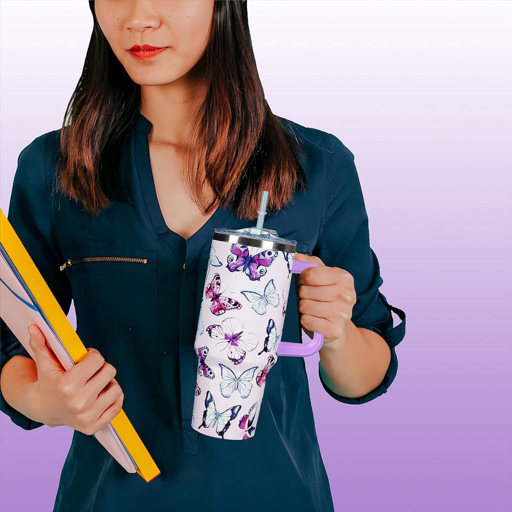 40 Oz Tumbler With Handle 40oz Purple Butterfly Tumbler With Lid Straw Double Insulated Travel Coffee Mug Butterfly Gifts For Women