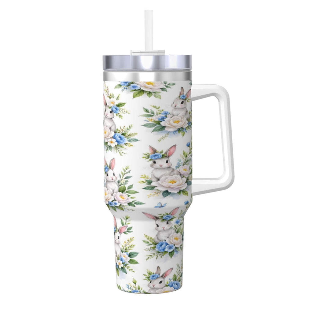 Easter Bunny Floral Cup Insulated Tumbler Stainless Steel Vacuum Travel Mug 40 oz with Handle and Straw Lid
