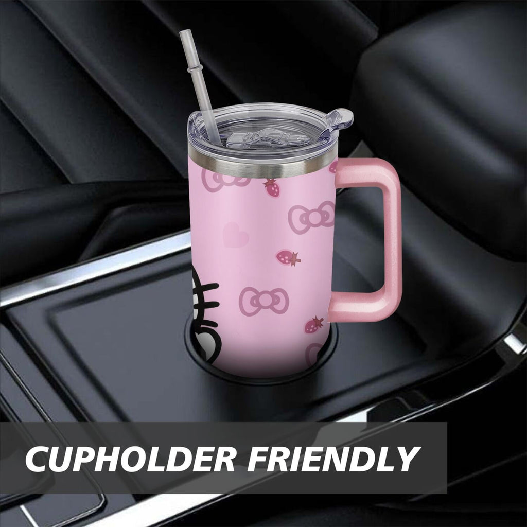 40oz Hello Kawaii Cat Cute Stainless Steel Tumbler with Lid and Straw,Spill Proof Travel Cup Double Wall Vacuum Insulated Coffee Mug with Handle Pink