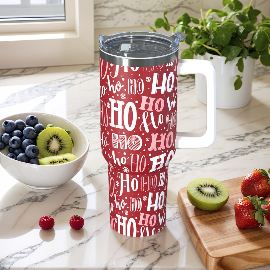 Christmas Tumbler with Handle and Straw Funny Ho Ho Ho Xmas Coffee Mug Water Bottle Travel Cup 30 oz