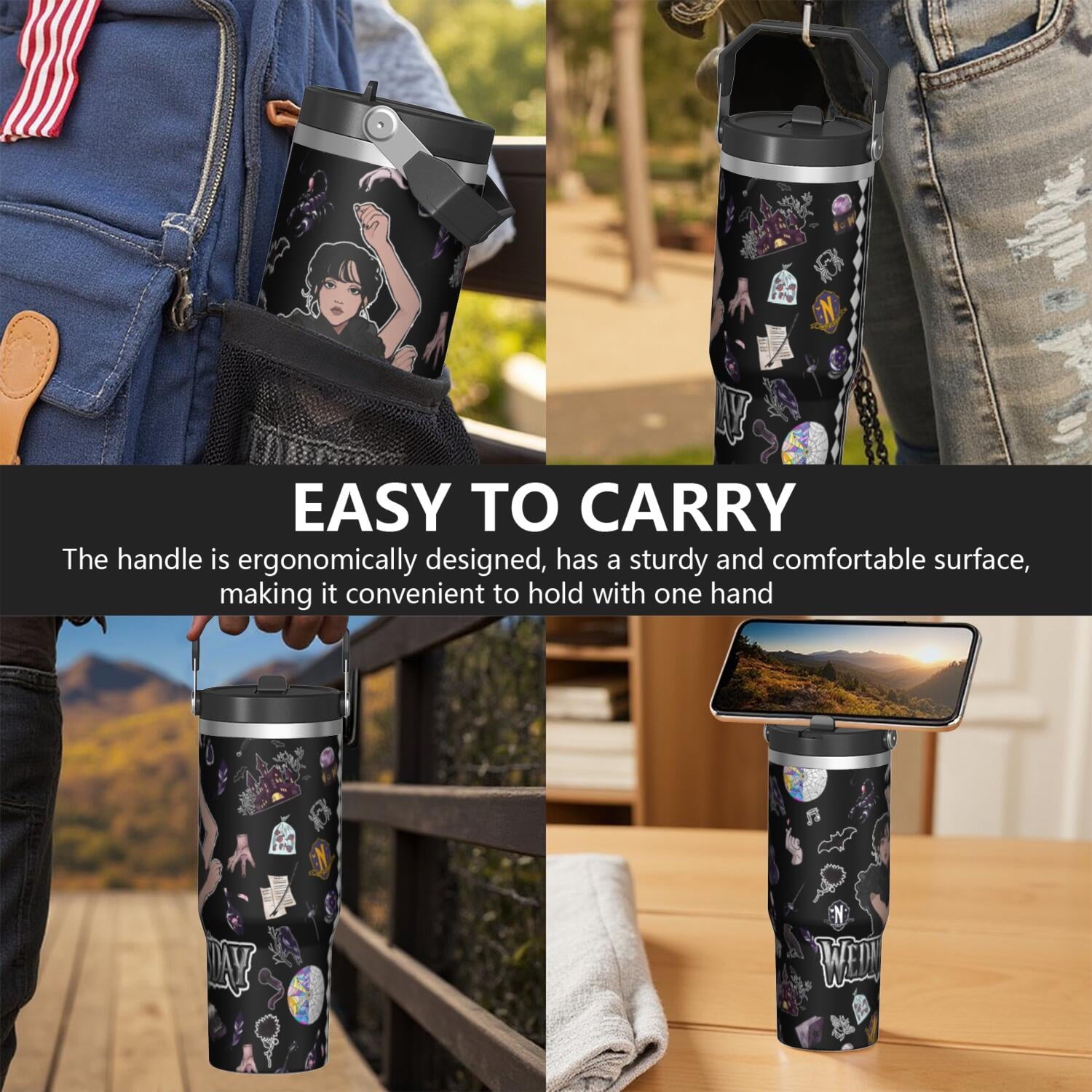 30oz Wednesday Girl Stainless Steel Tumbler with Lid and Straw,Wednesday Stuff Merchandise Spill Proof Travel Cup Double Wall Vacuum Insulated Coffee Mug with Top Handle Black