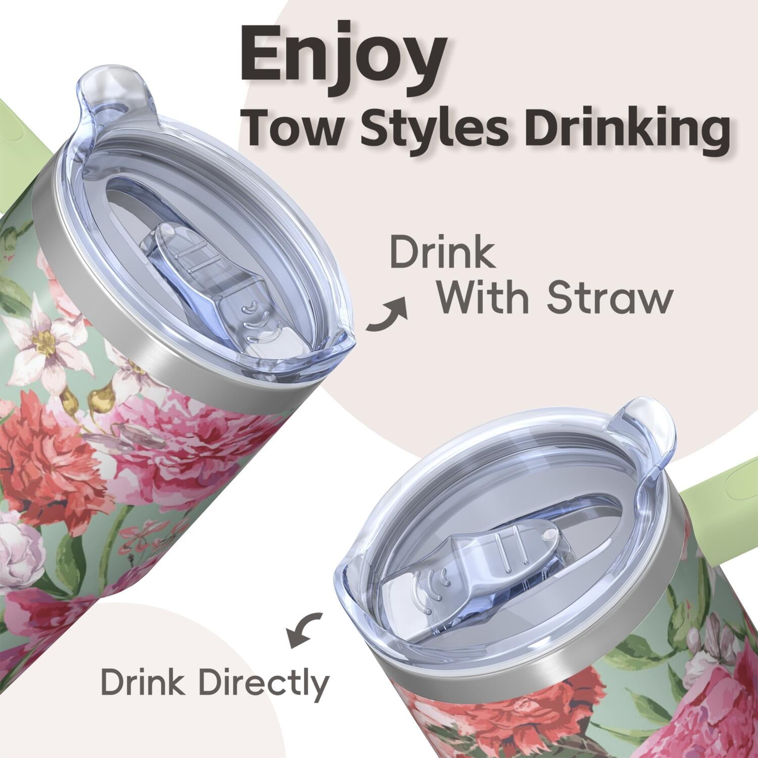 20oz Insulated Floral Tumbler with Handle, Stainless Steel Travel Mug for Hot Drinks and Iced Beverages, Leak-Proof Lid, Gift for Women