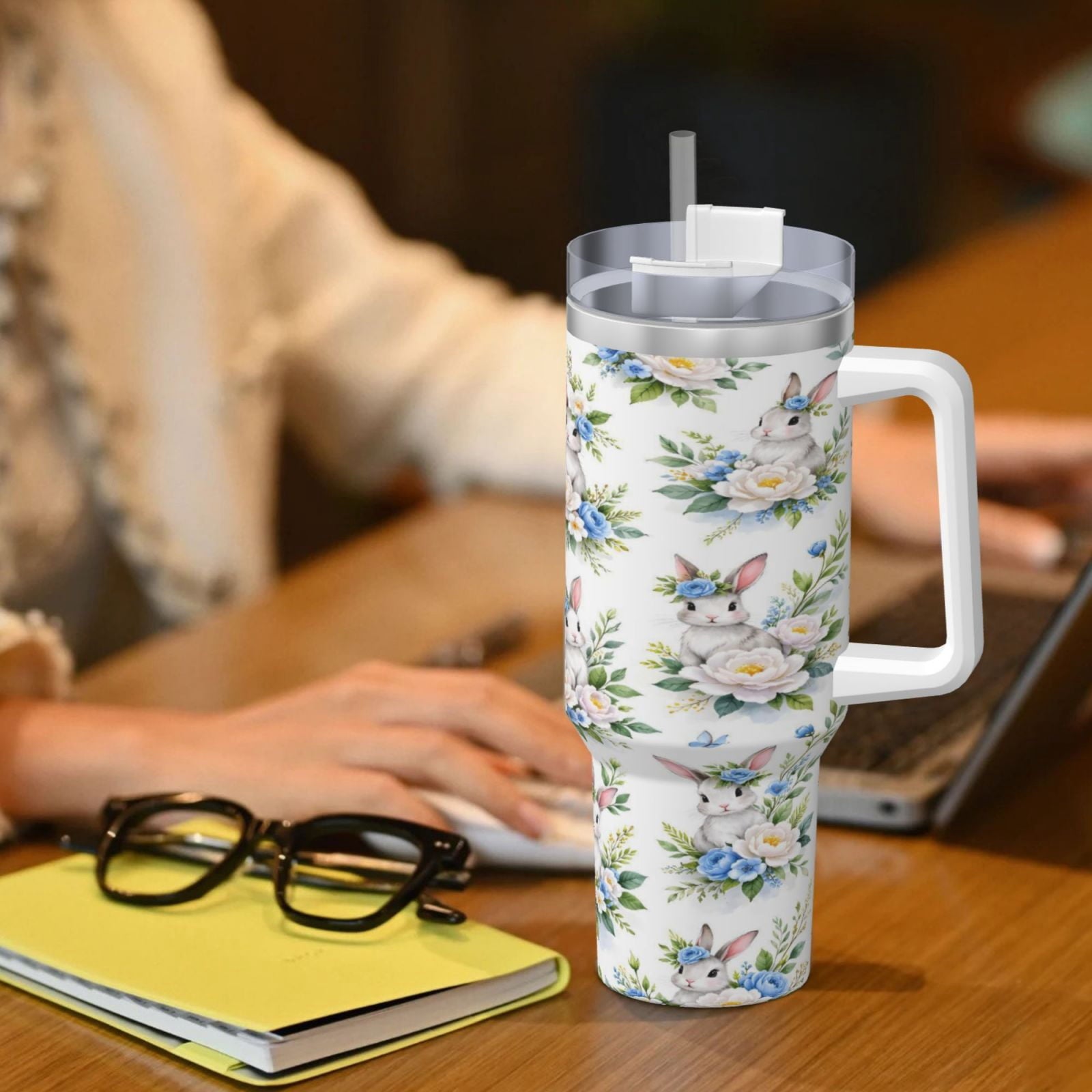 Easter Bunny Floral Cup Insulated Tumbler Stainless Steel Vacuum Travel Mug 40 oz with Handle and Straw Lid