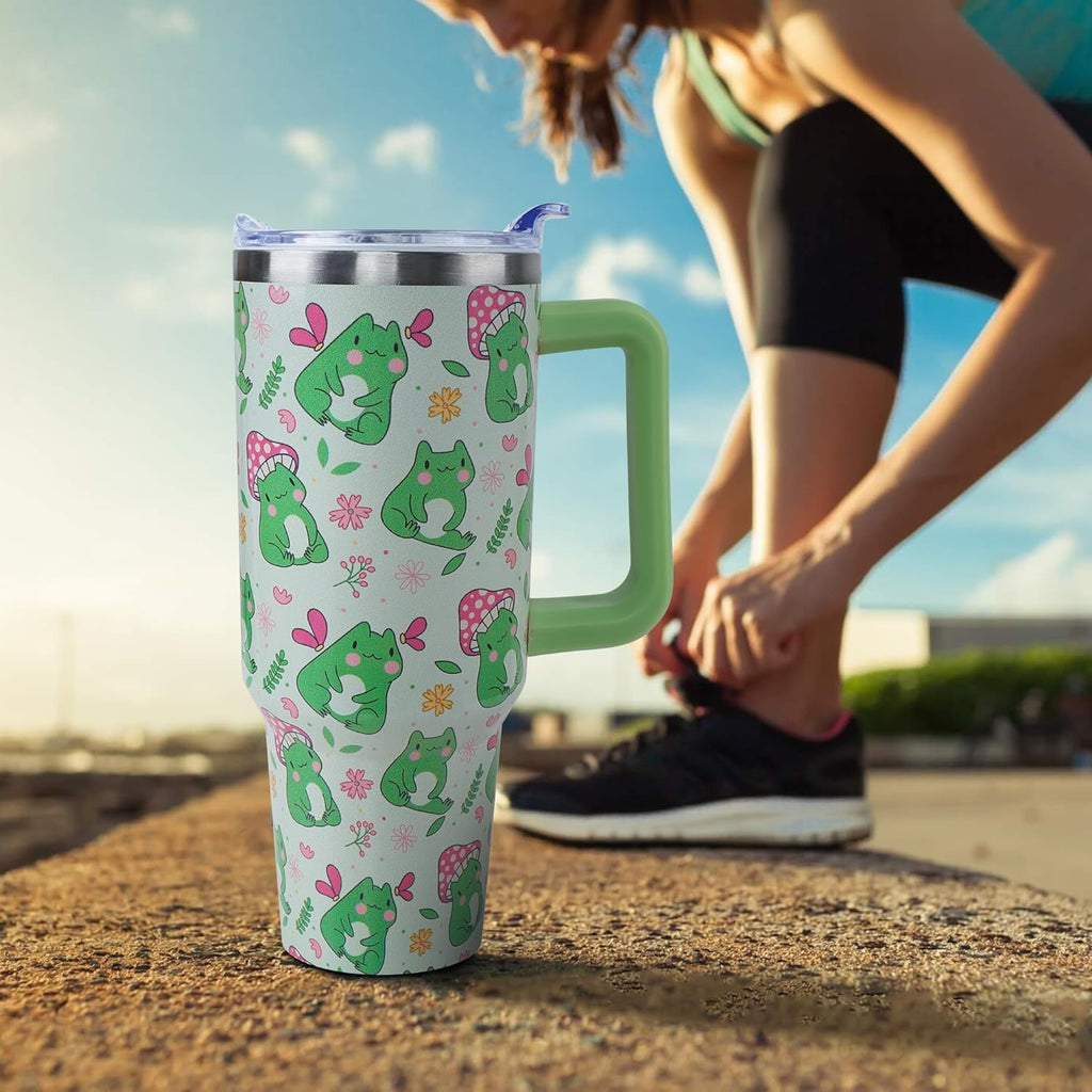 40 oz Frog Mushroom Tumbler with Handle and Straw, Travel Mug Water Bottle, Stainless Steel Insulated Cup with Lid and Straw, Birthday Christmas Gifts