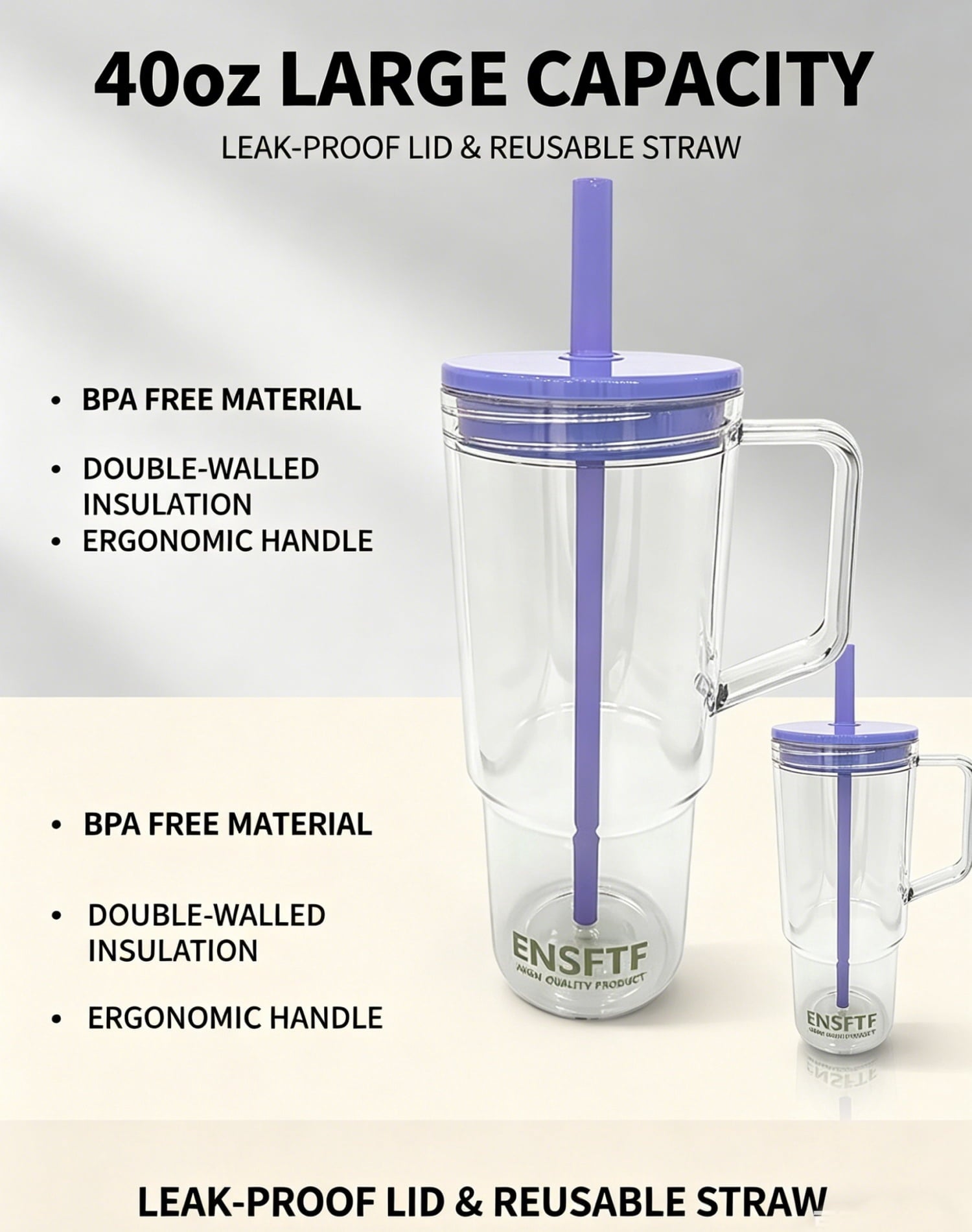 40 oz Insulated Clear Tumbler with Handle, Lid, and Straw — Reusable, Suitable for Hot & Cold Drinks, Double-Walled Plastic Water Bottle | Crystal Clear | Purple