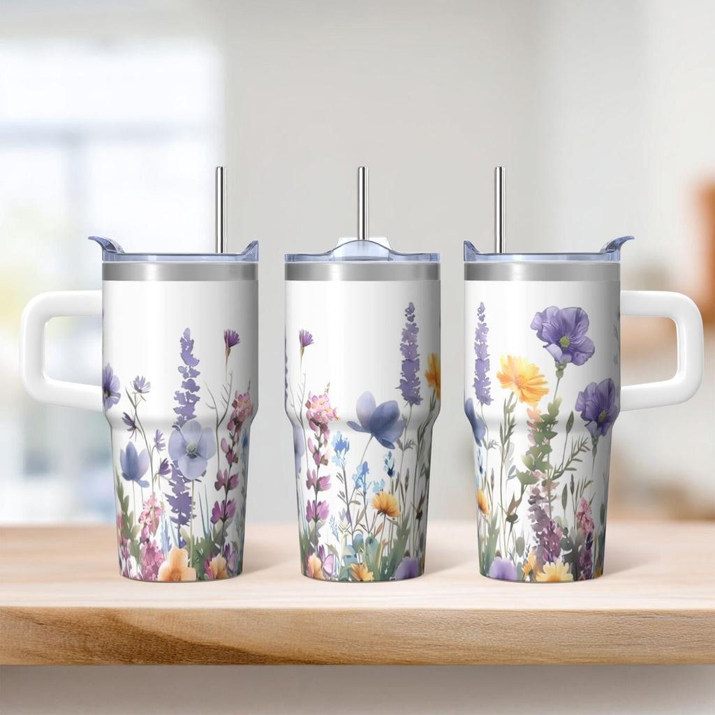 20oz Floral Design Cup with Handle, Insulated Stainless Steel Travel Tumbler, Comes with Straw and Leak-proof Cover, Her New Favorite