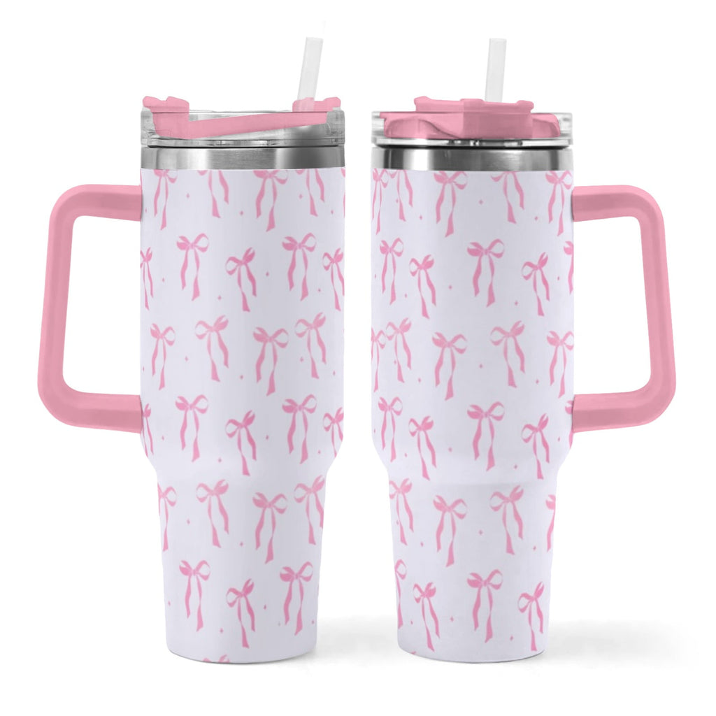 40oz Elegant Pink Bow Tumbler - Insulated Travel Mug with Handle, Reusable Straw & Leak-Proof Lid|Women's Gift for Birthday, Mother's Day, Valentine's & Holidays