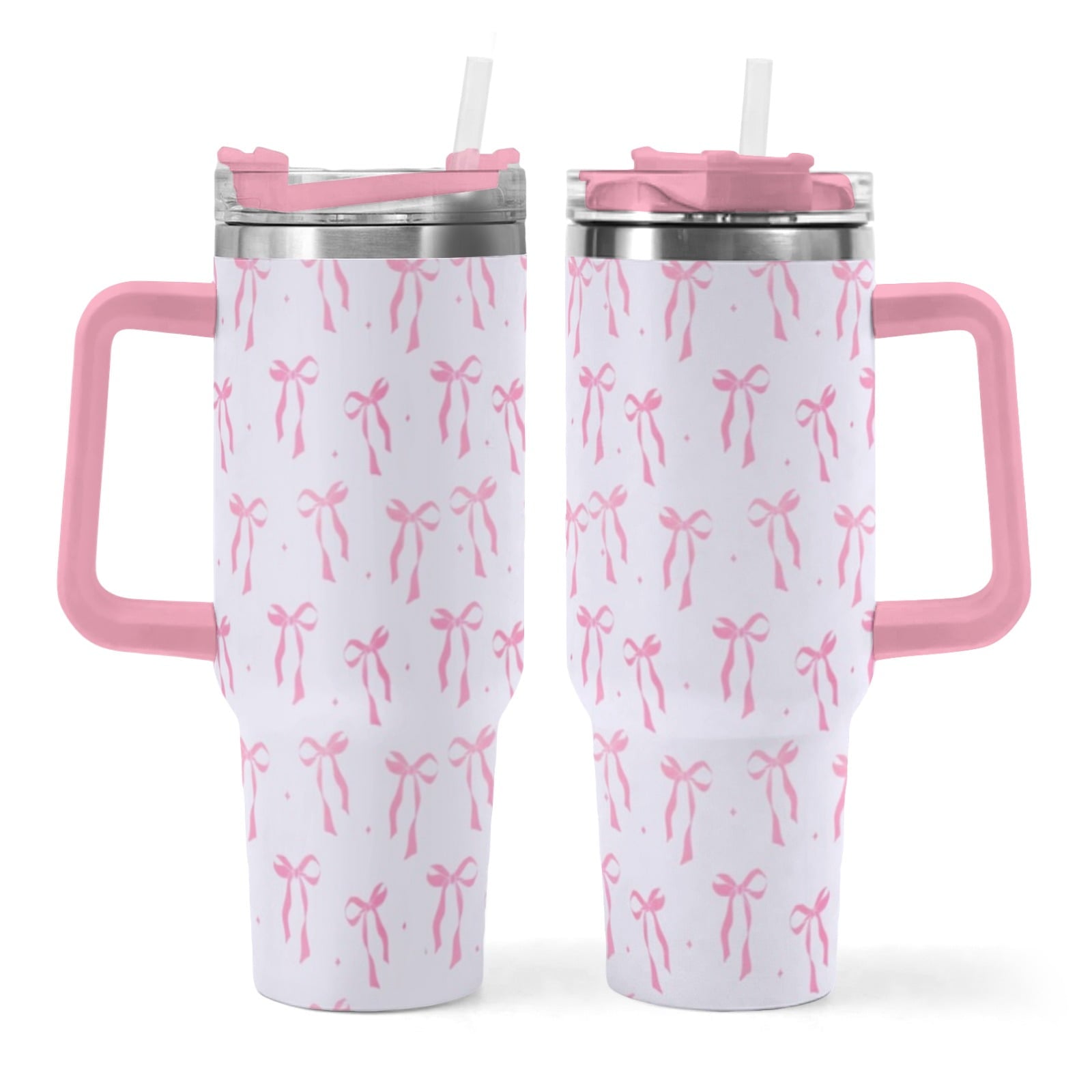 40oz Elegant Pink Bow Tumbler - Insulated Travel Mug with Handle, Reusable Straw & Leak-Proof Lid|Women's Gift for Birthday, Mother's Day, Valentine's & Holidays