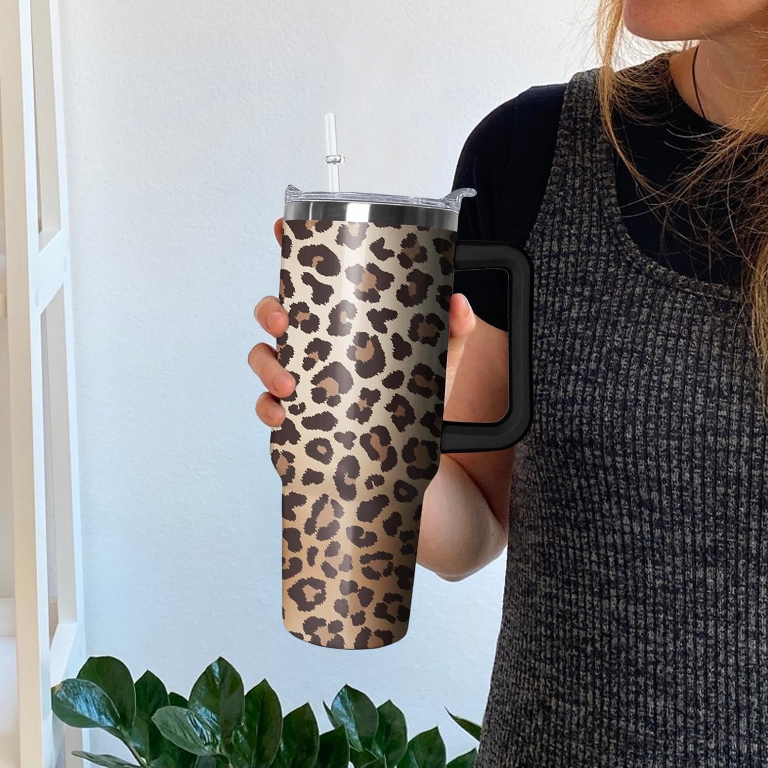 40oz Tumbler with Handle - Leopard Print Stainless Steel Travel Mug, Insulated Water Bottle for Coffee & Drinks - Gift for Women, Cheetah Decor