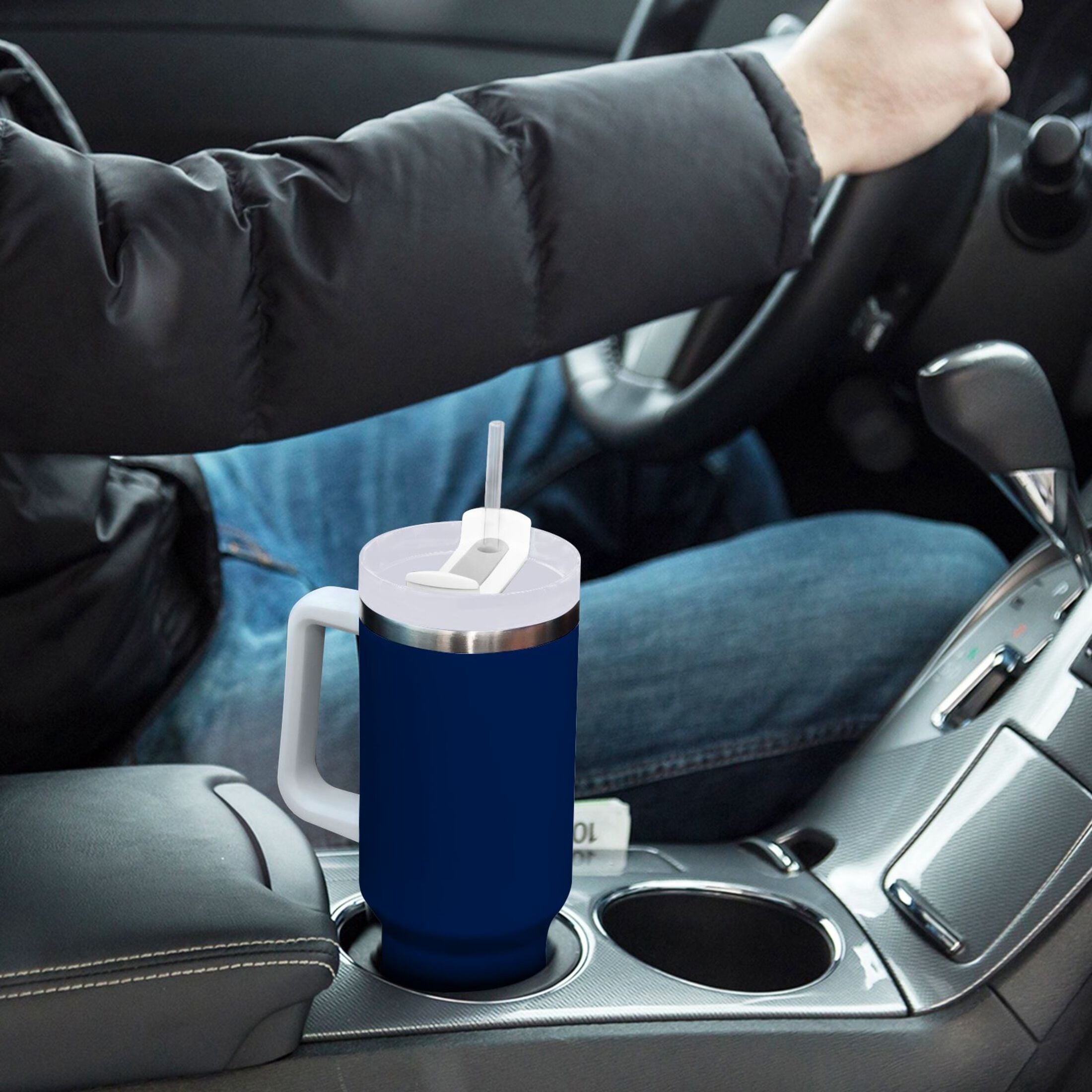 Ryvnso 30 oz Tumbler with Handle and Straw Insulated Stainless Steel Travel Mug with Lid Dark Blue Paint