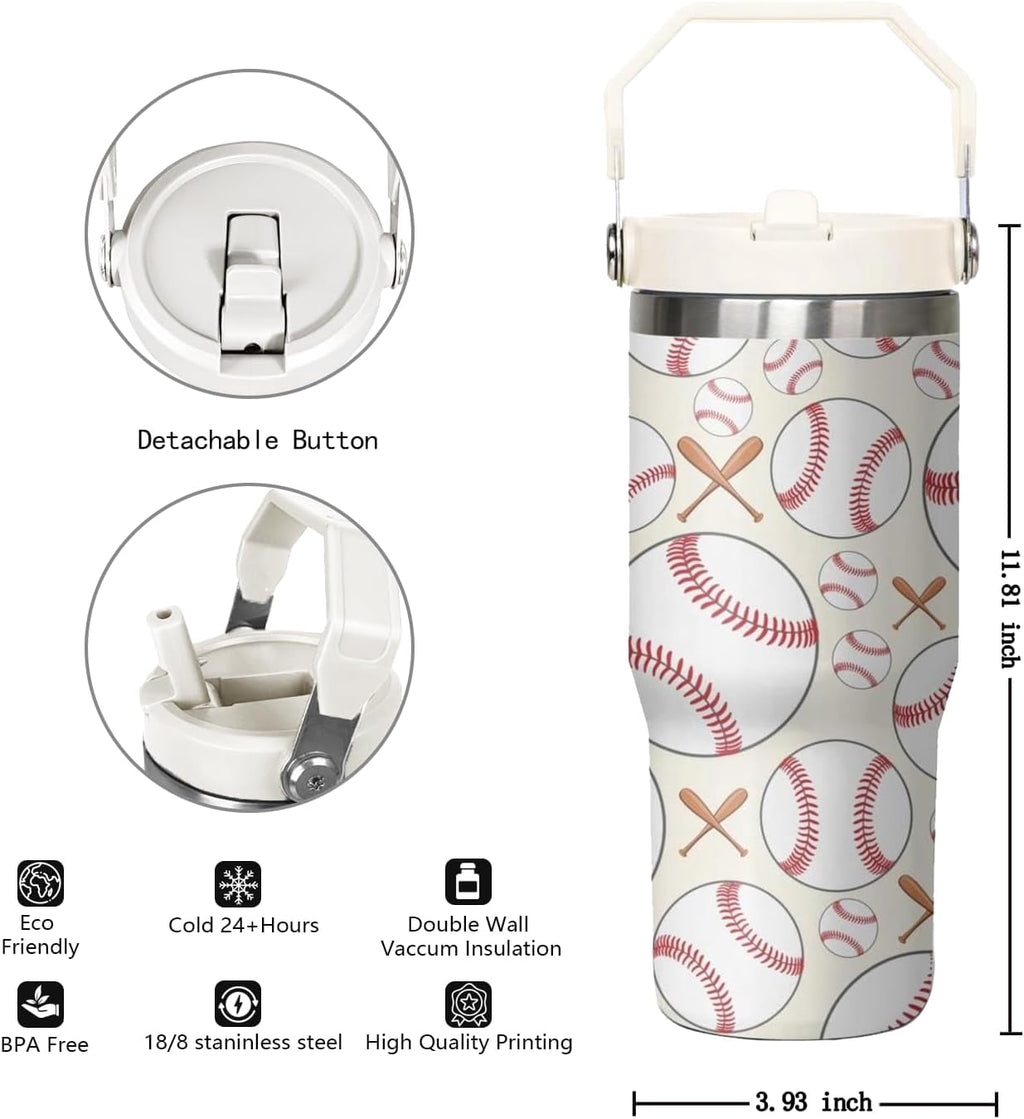 30 oz Baseball Coffee Mug Cup Vacuum Insulated Travel Tumbler with Handle Lid and Straw,Baseball Coach Gifts,Baseball Accessories Stuff