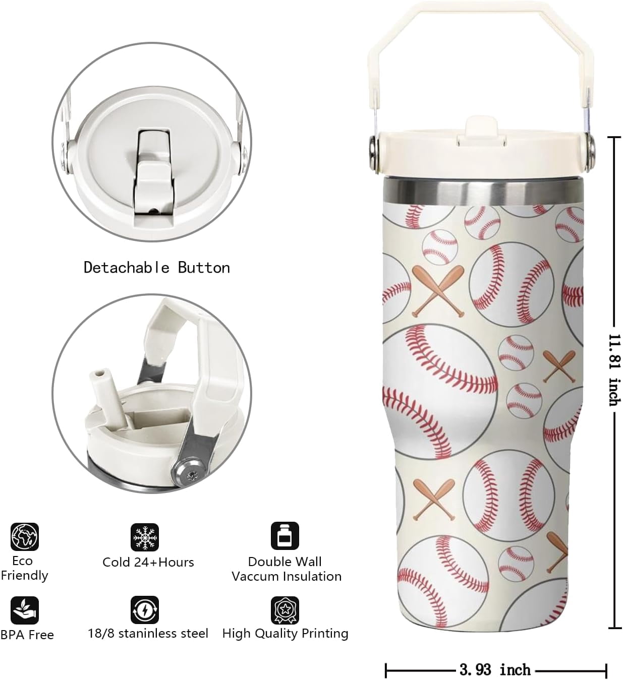 30 oz Baseball Coffee Mug Cup Vacuum Insulated Travel Tumbler with Handle Lid and Straw,Baseball Coach Gifts,Baseball Accessories Stuff