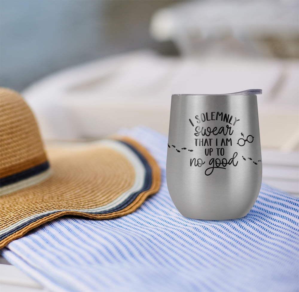 Harry Potter Official Up To No Good 12 OZ Silver Stemless Tumbler, Stainless Steel Travel Cup|Lake Tumbler|Insulated with Leak Resistant Slide-Lock Lid