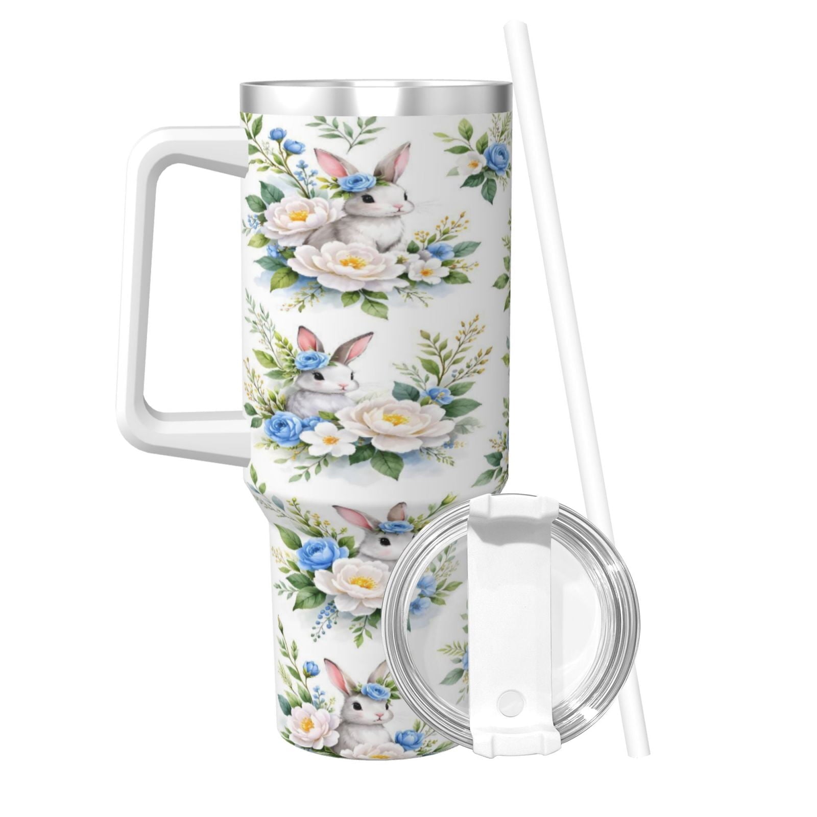 Easter Bunny Floral Cup Insulated Tumbler Stainless Steel Vacuum Travel Mug 40 oz with Handle and Straw Lid
