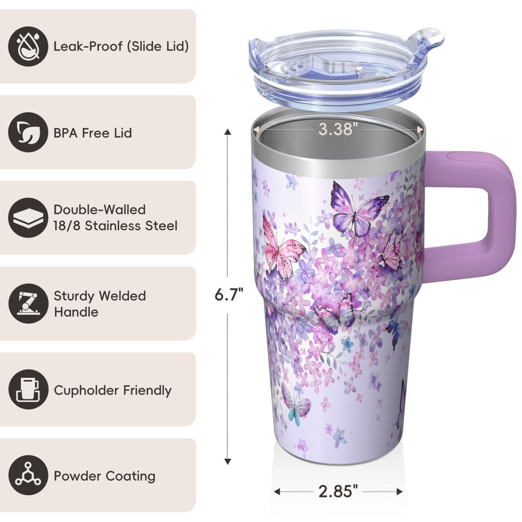 20OZ Double Wall Insulated Tumbler with Handle Straw Stainless Steel Travel Mug Leak Proof Lid Vacuum Design Keeps Cold for 34 Hours Portable Cup Holder Fit Reusable Drinkware Butterfly Print