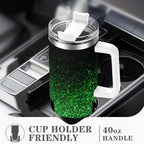 Ombre Leopard Glitter 40 oz Insulated Double Wall Stainless Steel Tumbler with Handle and Straw, Lid, Large Travel Mug Fits in Cup Holder, Cup Gift for Women(Green)